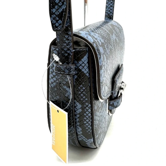 Michael Kors Small Reed Leather Saddle Crossbody Bag Snakeskin Denim - Picture 5 of 11